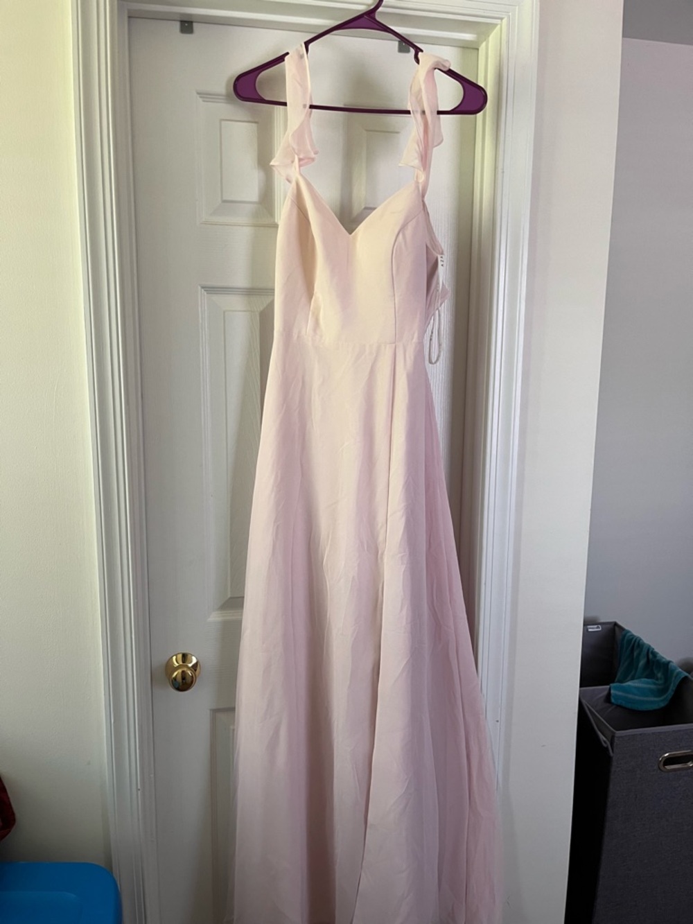 NWT Azazie Everett Pale Pink Maxi Dress with Ruffle Tie Straps